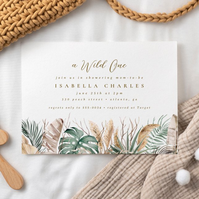 Chic Boho Safari Pampas Monstera Gold Baby Shower Invitation (Creator Uploaded)