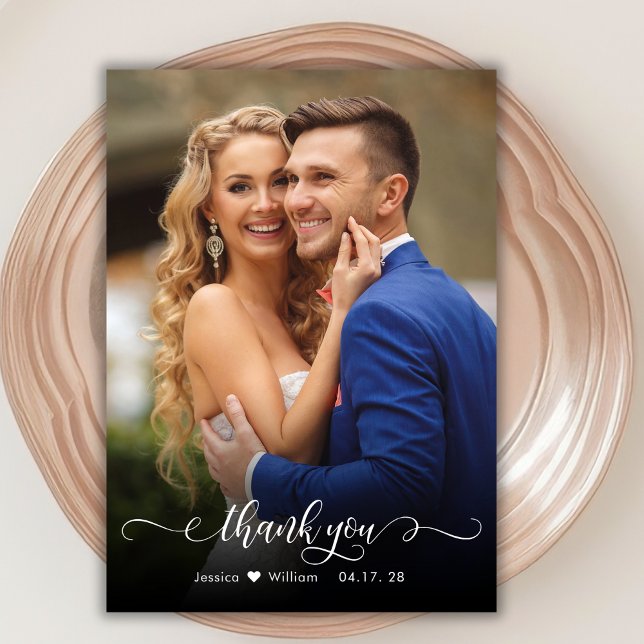 Chic Boho Script 2 Photo Wedding Thank You Card (Creator Uploaded)