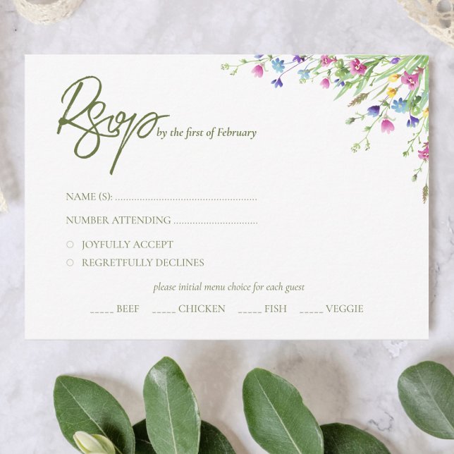 Chic boho simple wildflowers Wedding RSVP Card (Creator Uploaded)