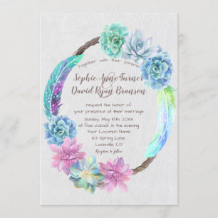 Chic Boho Succulent Cactus Feathers Wreath Wedding Invitation