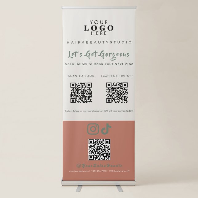 Chic Boho Terracotta Sage 3 QR Code Salon Retractable Banner (Front)