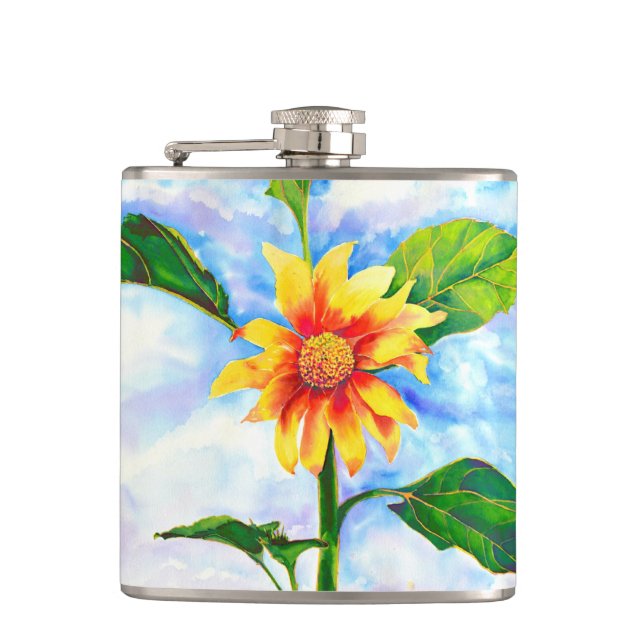 Chic boho watercolor sunflower painting hip flask (Front)