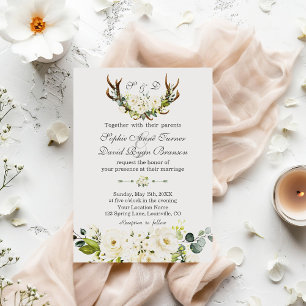 Chic Boho White Cream Flowers Antlers Wedding Invitation