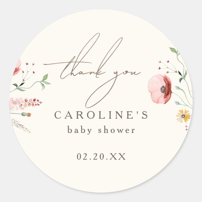 Chic Boho Wildflower Baby Shower Thank You Classic Round Sticker (Front)