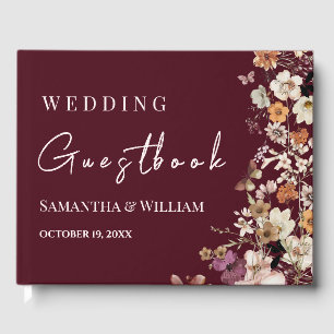 Chic Boho Wildflower Rustic Burgundy Wedding Guest Book