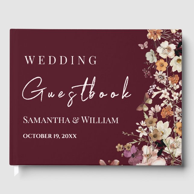 Chic Boho Wildflower Rustic Burgundy Wedding Guest Book (Front)