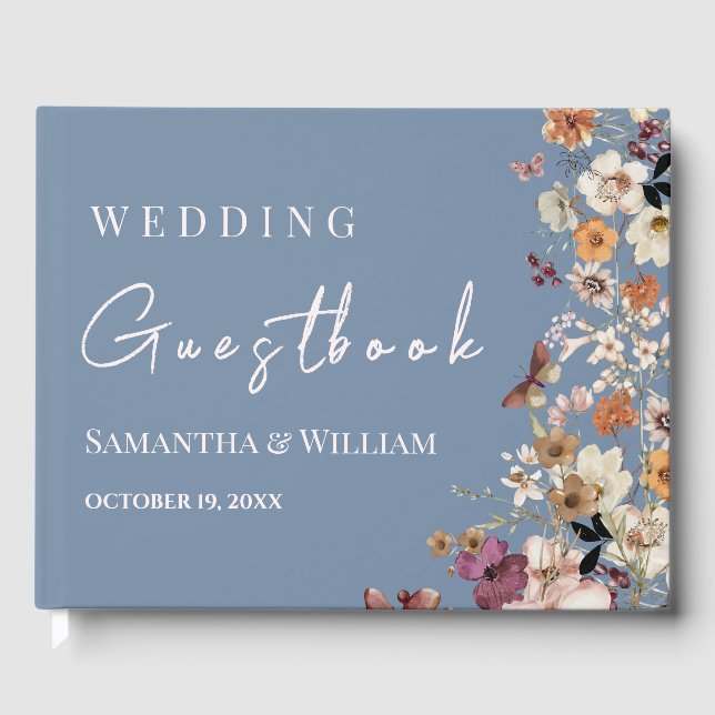 Chic Boho Wildflower Rustic Periwinkle Wedding Guest Book (Front)