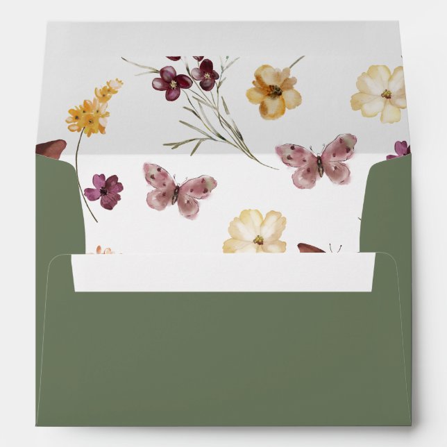 Chic Boho Wildflower Rustic Sage Green Wedding Envelope (Back (Bottom))
