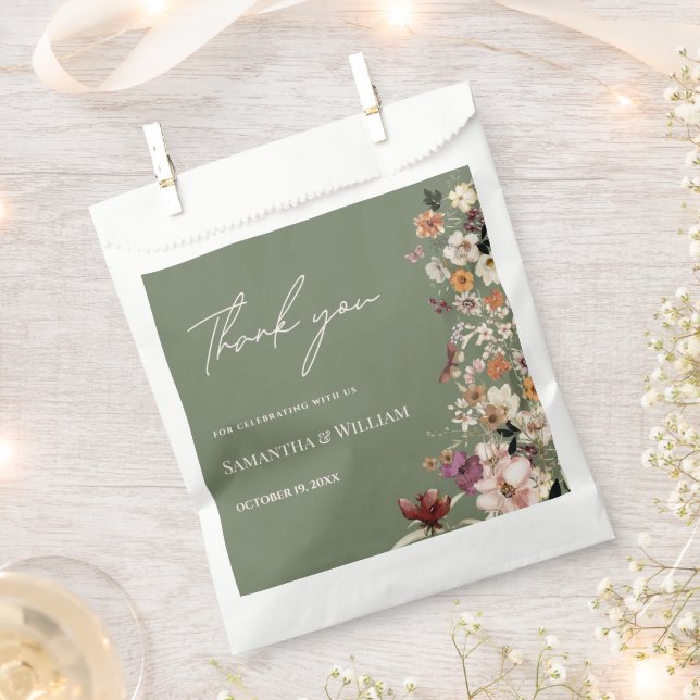 Chic Boho Wildflower Rustic Sage Green Wedding Favour Bags (Clipped)