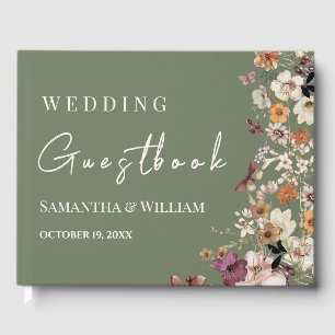 Chic Boho Wildflower Rustic Sage Green Wedding Guest Book
