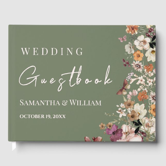 Chic Boho Wildflower Rustic Sage Green Wedding Guest Book (Front)