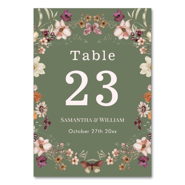 Chic Boho Wildflower Rustic Sage Green Wedding Table Number (Front)