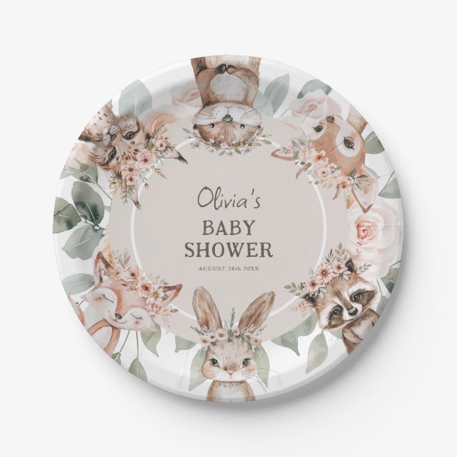 Chic Boho Woodland Animals Baby Shower Paper Plate (Front)