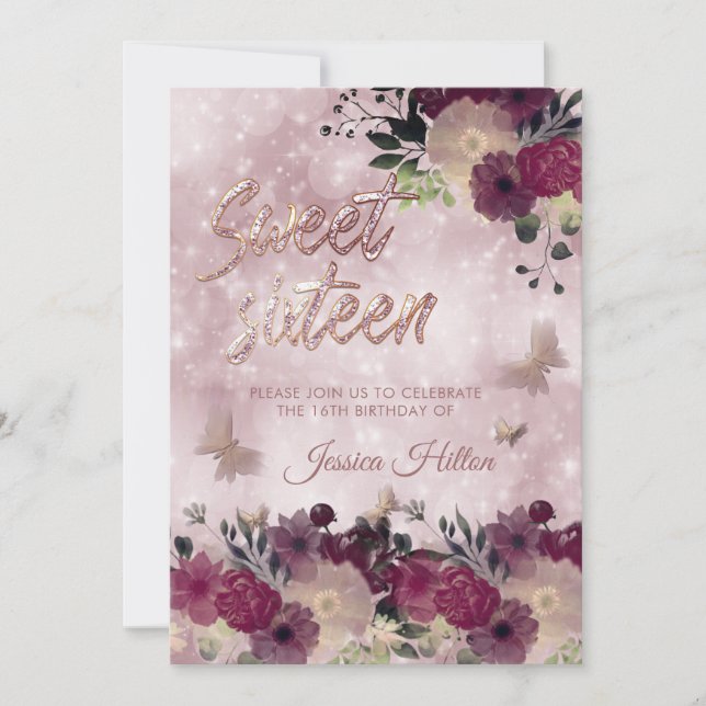 Chic bokeh Butterfly floral garden sweet sixteen Invitation (Front)