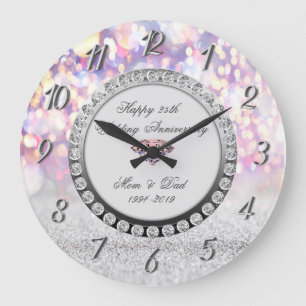 Chic Bokeh Diamonds 25th Wedding Anniversary Large Clock