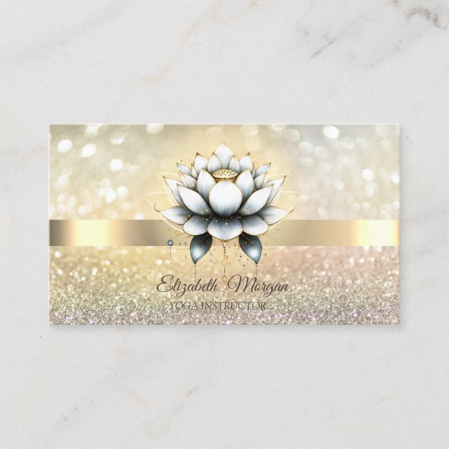 Chic Bokeh Gold,Stylish Lotus Yoga Business Card (Front)