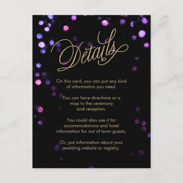 Chic Bokeh Lights Black & Gold Wedding Enclosure Card (Front)