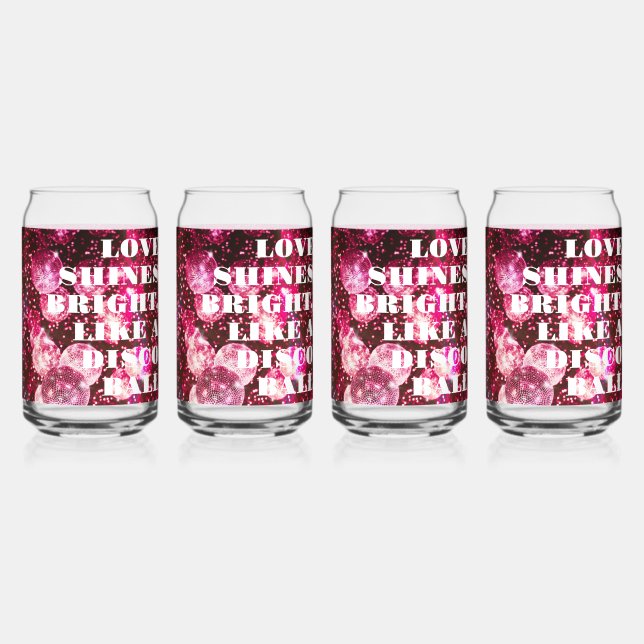 Chic Bold Pink Glitter Retro Disco Balls Wedding Can Glass (Back)