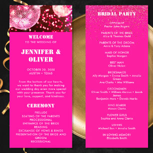 Chic Bold Pink Glitter Retro Disco Balls Wedding Programme