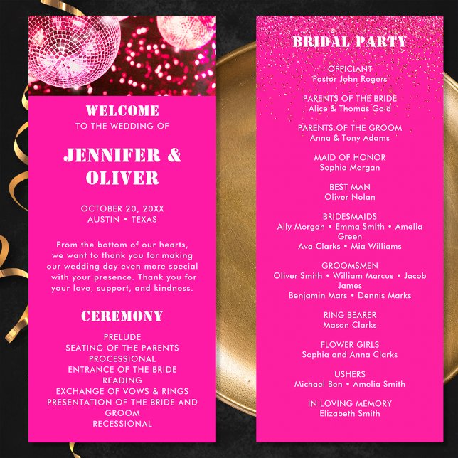 Chic Bold Pink Glitter Retro Disco Balls Wedding Programme (Front and Back)