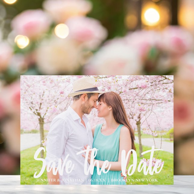 Chic Bold White Script Modern Engagement Photo Save The Date (Creator Uploaded)