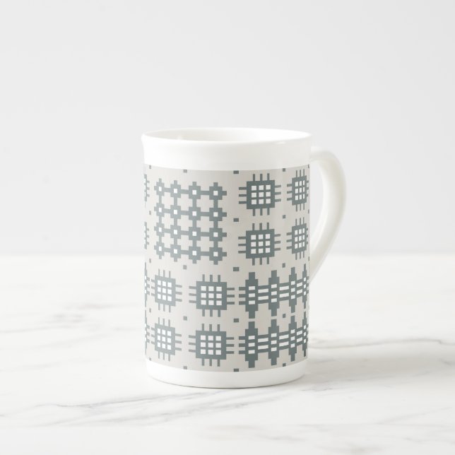 Chic Bone China Mug: Welsh Tapestry Pattern, Grey Mug (Front Right)