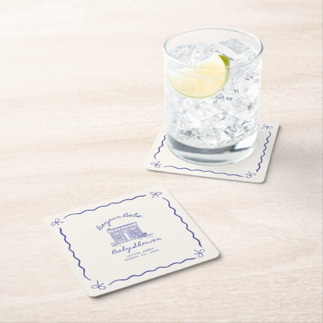 Chic Bonjour bebe baby shower Square Paper Coaster (Insitu)