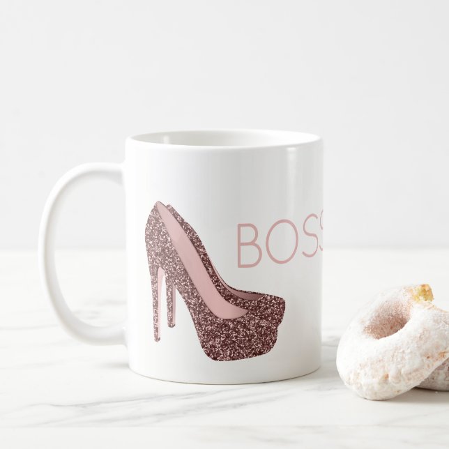 Chic Boss Lady | Rose Gold Pink Glitter Shoes Coffee Mug (With Donut)
