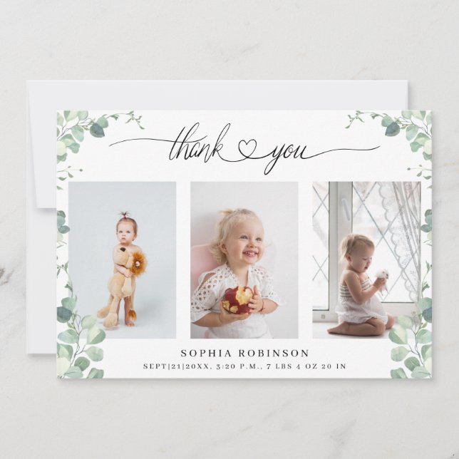 Chic Botanical Baby Shower Photo Collage Thank You Invitation (Front)