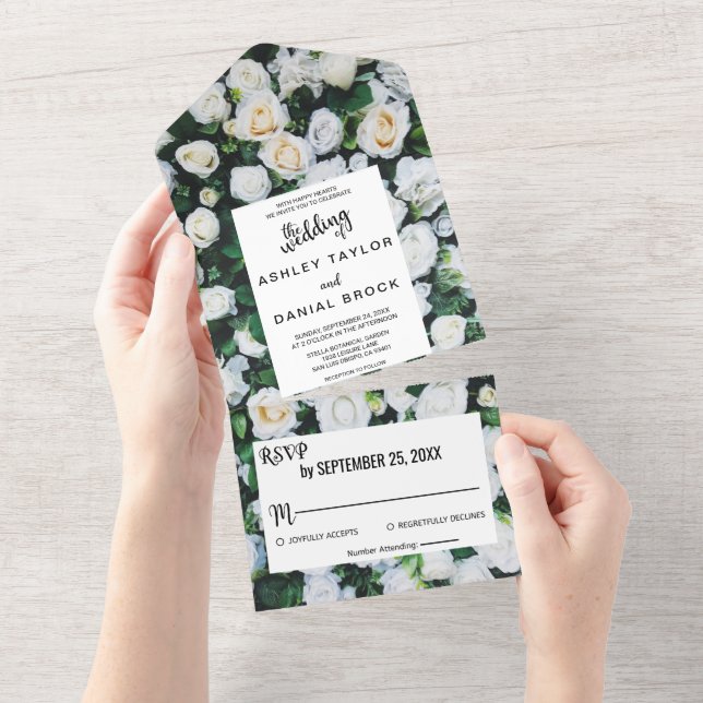 Chic botanical blossoms white roses floral Wedding All In One Invitation (Tearaway)