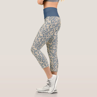 Chic Botanical Blue and Cream Pattern Capri Leggings
