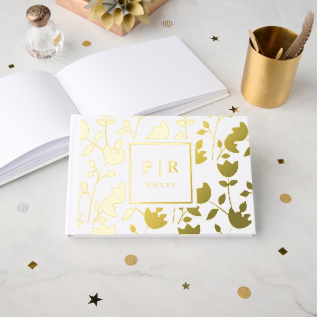 Chic Botanical Floral Print Monogram Wedding Guest Book (Front Open)