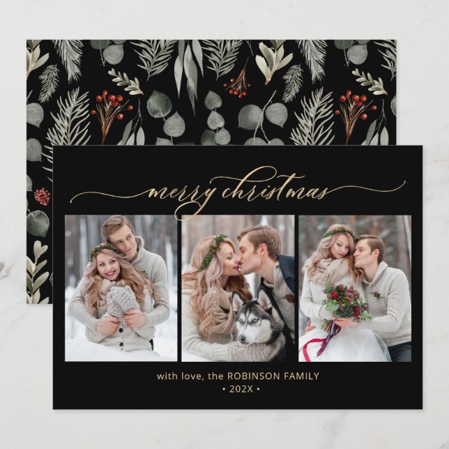 Chic Botanical Foliage 3 Photo Collage Christmas  Holiday Card (Front/Back)