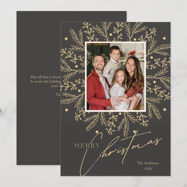 Chic Botanical Frame Photo and Merry Christmas  Holiday Card (Front/Back)