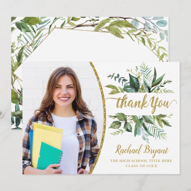 Chic Botanical Graduation Photo Thank You Card (Front/Back)