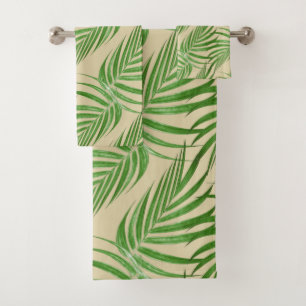 Chic Botanical Green Palm Leaves on Beige Bath Towel Set