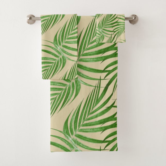 Chic Botanical Green Palm Leaves on Beige Bath Towel Set (Insitu)