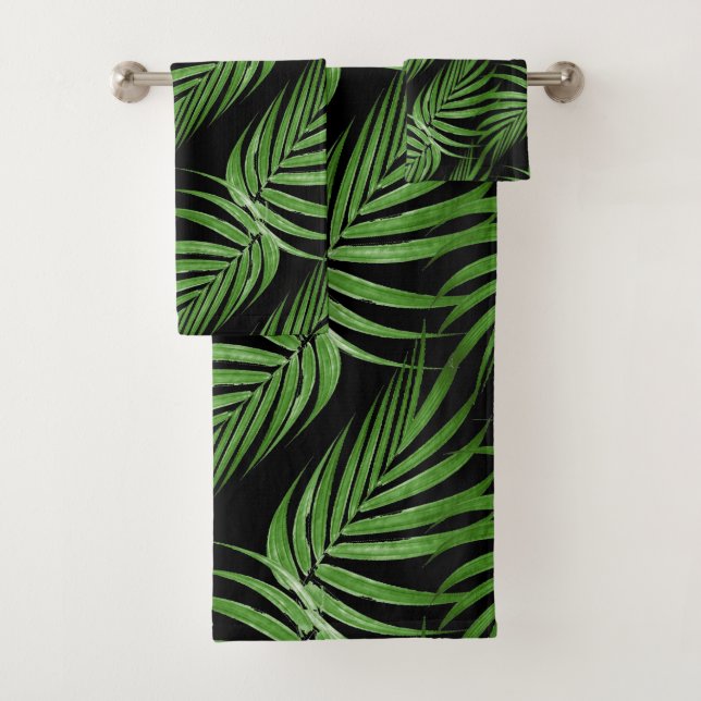 Chic Botanical Green Palm Leaves on Black Bath Towel Set (Insitu)