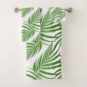 Chic Botanical Green Palm Leaves on White Bath Towel Set