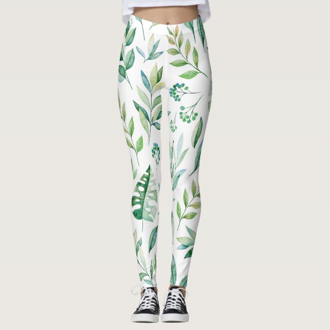 Chic Botanical Green Rustic Pattern Leggings (Front)