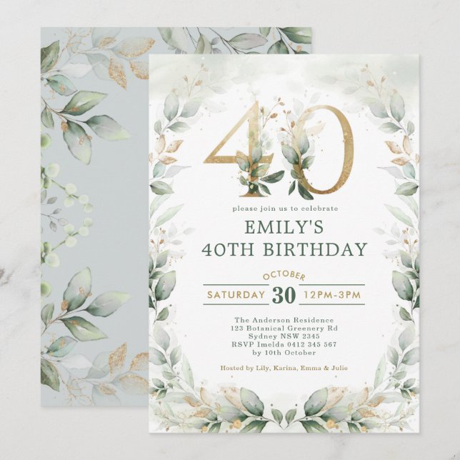 Chic Botanical Greenery Gold Garden 40th Birthday Invitation (Front/Back)