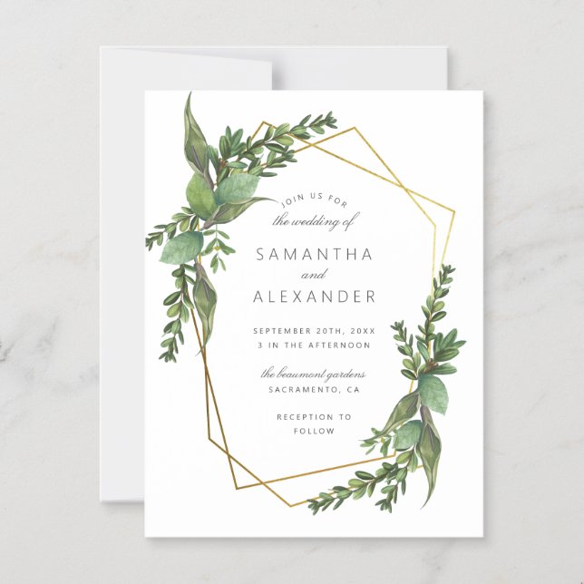 Chic Botanical Greenery & Gold Geometric Wedding Magnetic Invitation (Front)