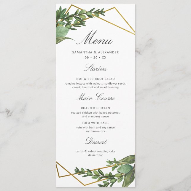 Chic Botanical Greenery & Gold Geometric Wedding Menu (Front)