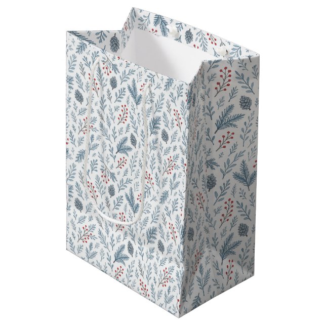 Chic Botanical Holly Berry Floral Pattern Medium Gift Bag (Front Angled)