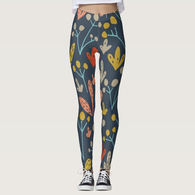Chic Botanical Illustration Orange Yellow Pattern Leggings (Front)