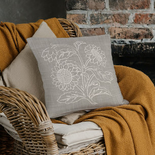Chic Botanical Ivory Sunflowers Art On Beige Brown Cushion