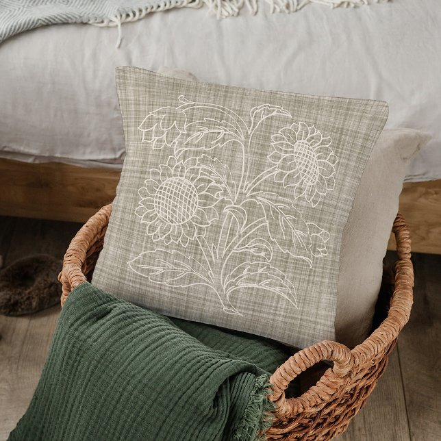 Chic Botanical Ivory Sunflowers On Dark Beige Cushion (Creator Uploaded)
