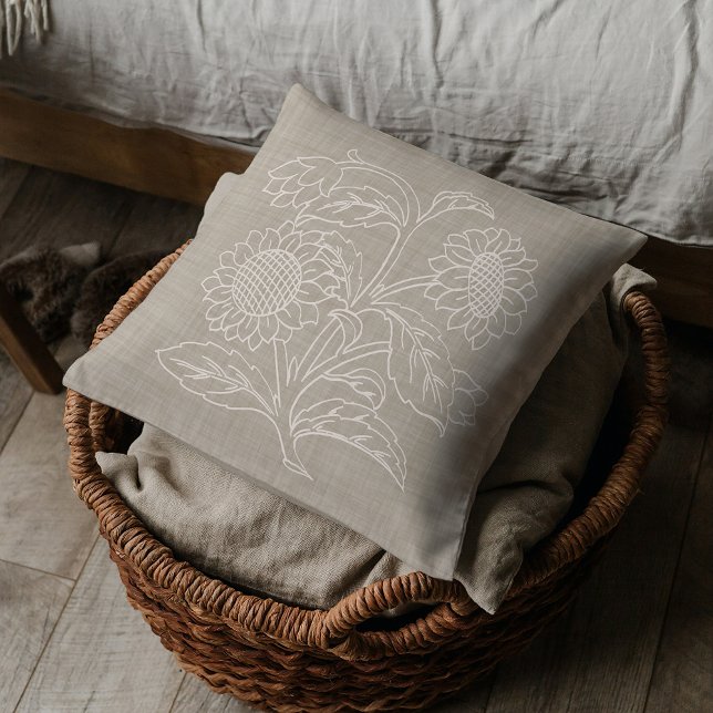 Chic Botanical Ivory Sunflowers On Sand Brown Cushion (Creator Uploaded)
