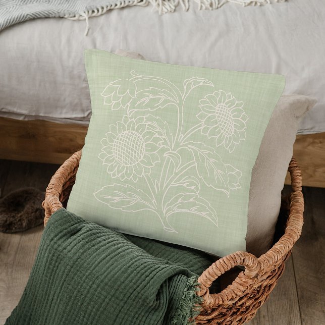Chic Botanical Ivory Sunflowers On Spring Green Cushion (Creator Uploaded)