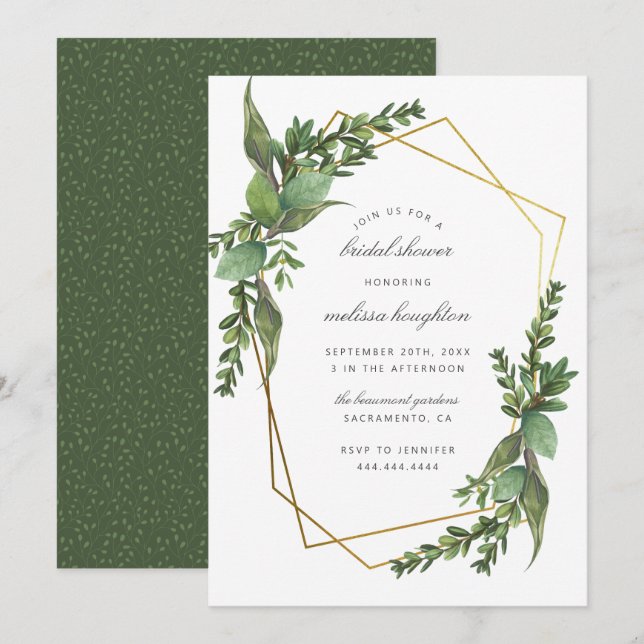 Chic Botanical Leaves Gold Geometric Bridal Shower Invitation (Front/Back)